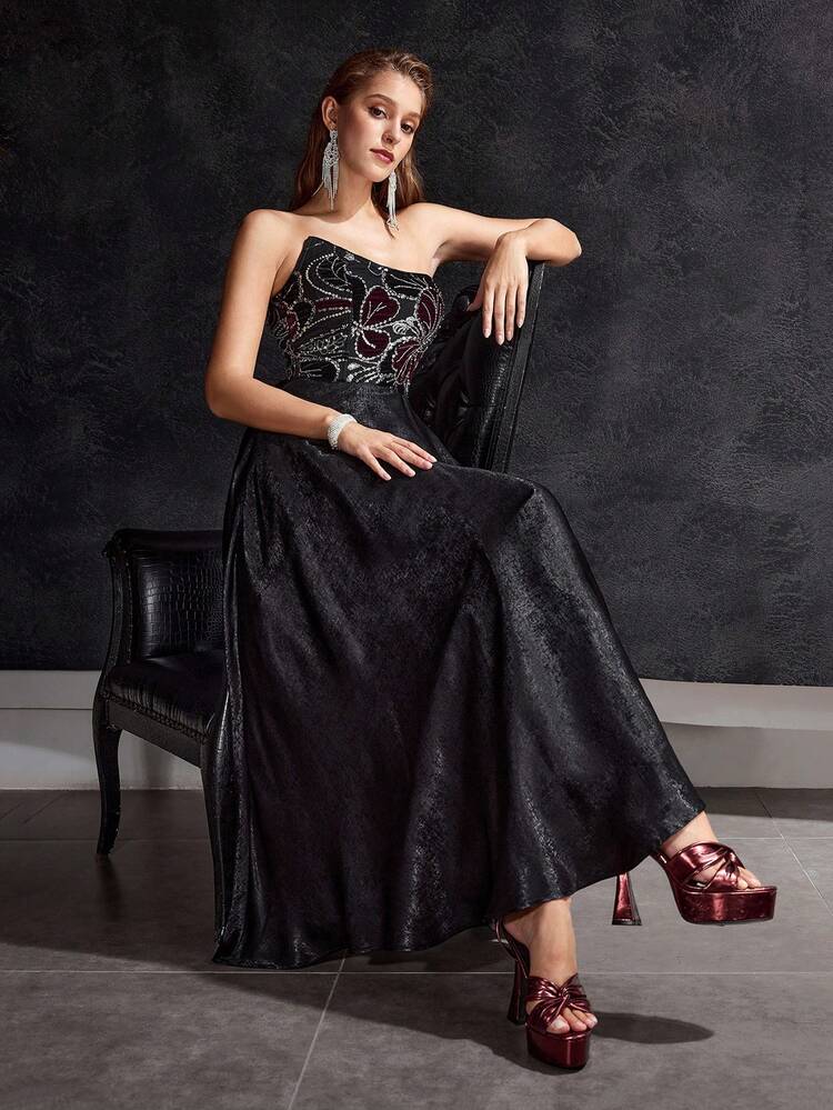 MOTF Soiréza ASYMMETRIC STRAPLESS EXQUISITE VELVET BEADED FLORAL EMBROIDERED PATCHWORK METALLIC SHEEN MAXI FORMAL GOWN