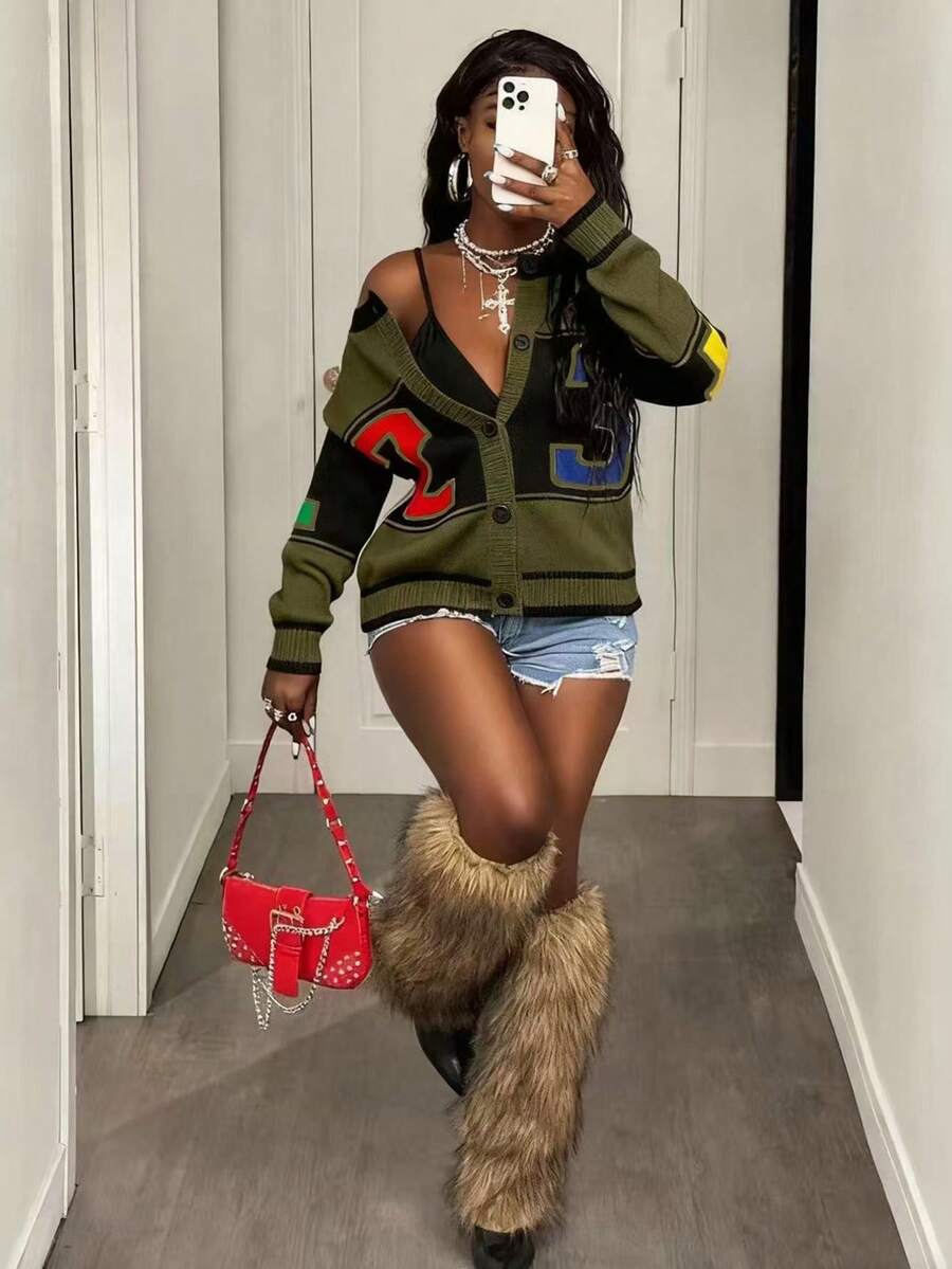 BamGleam 女士长袖圆领开衫毛衣，纽扣装饰，1234提花图案，休闲宽松时尚开衫，冬季 - 軍綠色 - 查看 1