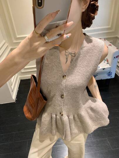 DAZY 女士纯色韩版优雅无袖荷叶边下摆毛衣背心秋冬款