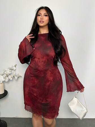 Firerie Vestido mini de manga acampanada transparente y sexy con estampado degradado de teñido anudado para mujer de talla grande, vestido de vacaciones, sexy/resort/playa/romántico/festival de música/casual