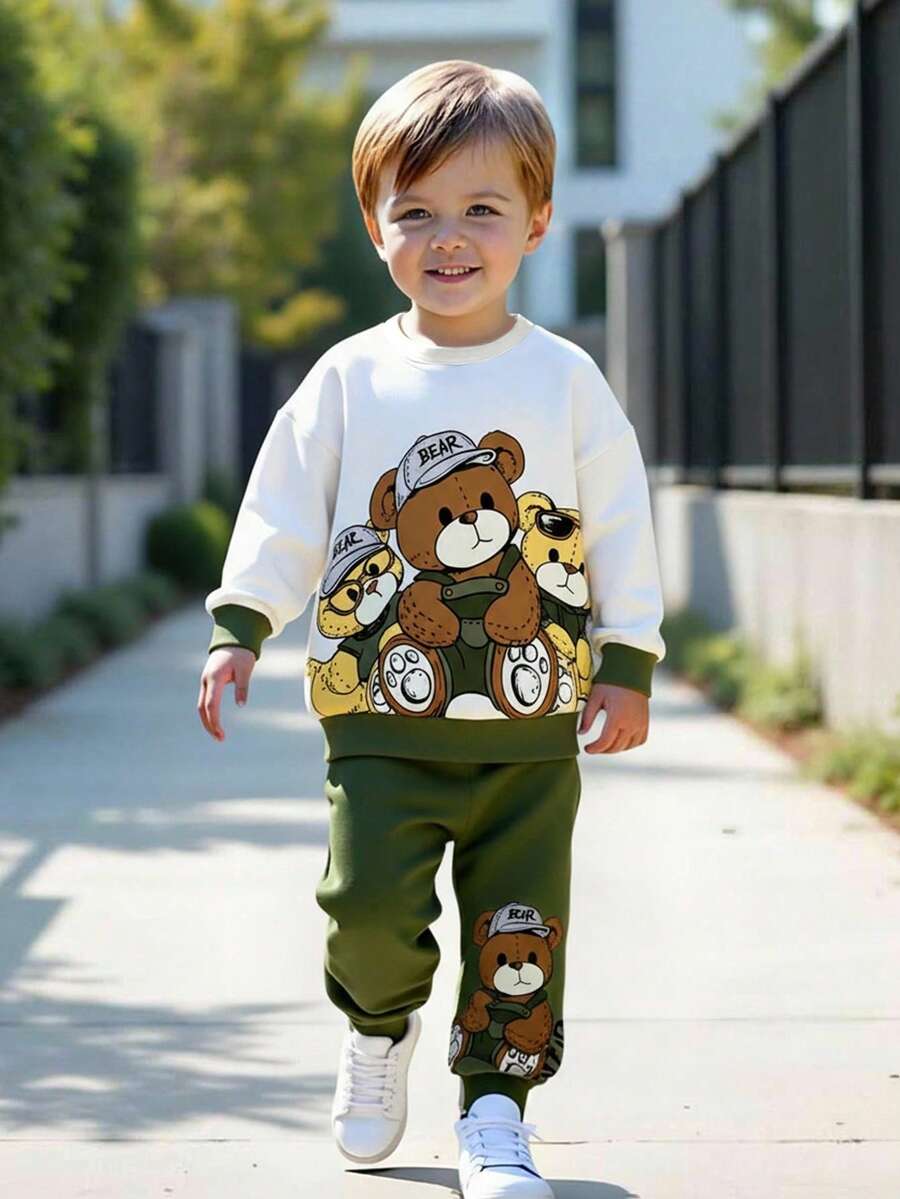 SHEIN 2pcs/Set Young Boys Casual Cute Cartoon Bear & Letter Print Comfortable Long Sleeve Sweatshirt And Pants Set, Suitable For Summer - Multicolor - View 1