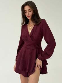 Aloruh 优雅梅紫色V领长灯笼袖双层下摆短款连体裤，女士情人节服装 - 中紫紅色 - 查看 4