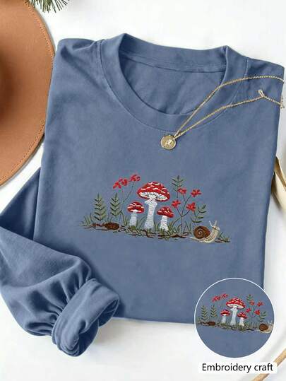 INAWLY 蘑菇、植物、花卉、刺绣长袖T恤、刺绣风格、秋季女装、姐妹、潮流单品、时尚上衣、美学T恤、兄弟姐妹礼物、送给姐姐的礼物、送给妈妈的礼物、休闲简约时尚上衣