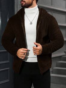 Manfinity CasualCool 男士純色拉鍊連帽保暖外套，秋冬大地棕色 - 咖啡棕 - 查看 4