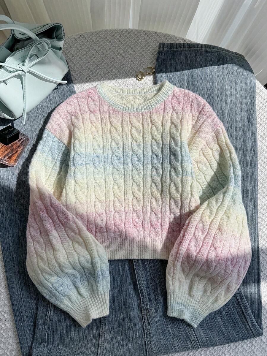 SHEIN 少女毛衣，一件式麻花针织短款毛衣 - 圆领泡泡袖套头衫，简约扭绳设计，轻盈透气，适合上学和休闲穿着，春秋季可爱款 - 彩色 - 查看 1