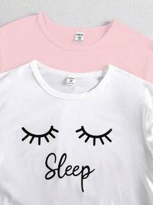 4pcs/Set Girls Cute Pink & White Winter Pajamas,English Letter & Eyelash Print Top,Plaid Pants,Scrunchie,Sleep Loungewear Outfit - Pink - View 3