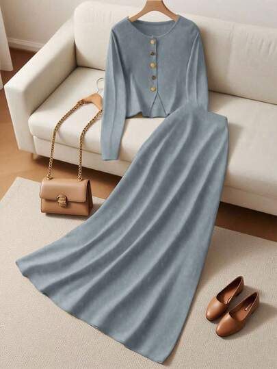 Franclia 新款秋季设计金属扣长袖高腰显瘦褶皱拼接半身裙两件套女装