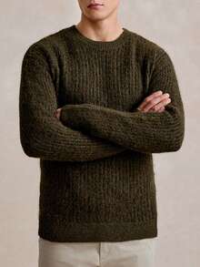 Manfinity Homme Áo len dài tay cổ tròn gân thường ngày cho nam, Thu/Đông - màu xanh lá - Xem 5