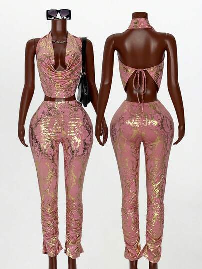 BamGleam 2pcs Sexy Gold Foil Halter Backless Top And Pants Set