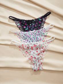 Charlaine 3pcs/Set Women's French Romantic Lace Panties, Italian Ditsy Floral Thong Underwear Lingerie Set Multicolor Lace Thong Pack Floral Panties Panties For Women 3 Piece Set Floral Lingerie - Multicolor - View 1