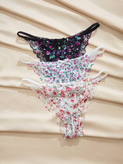 Charlaine 3pcs/Set Women's French Romantic Lace Panties, Italian Ditsy Floral Thong Underwear Lingerie Set Multicolor Lace Thong Pack Floral Panties Panties For Women 3 Piece Set Floral Lingerie