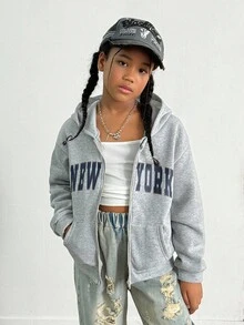 女童撞色字母印花拉链连帽外套，街头风，适合秋冬季上学和户外活动穿着 - 灰色 - 查看 5