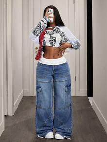 Slaydiva Women's Casual Fashion Street Contrast Low Waist Flap Pocket Wide Leg Cargo Jeans Baggy Jeans Jeans Wide Leg Patchwork Jeans Oversized Jeans Baggy Jeans Women - Dark Wash - View 8