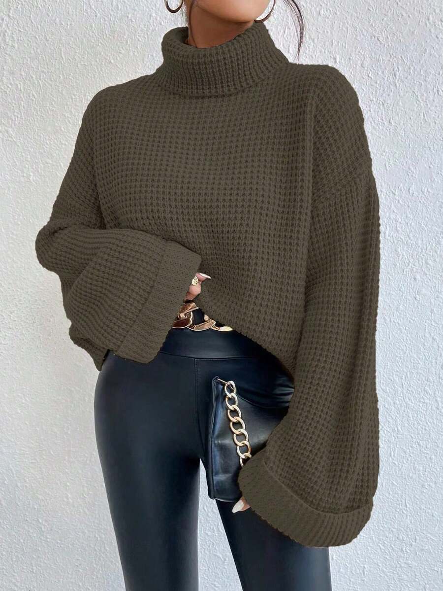 SoleilVie Women's Solid Color High Neck Dropped Shoulder Long Sleeve Casual Loose Pullover Sweater, Autumn/Winter - Maroon - View 1