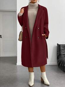 Juhart معطف طويل أنيق وعملي ذو أزرار مزدوجة بلون واحد مقاس كبير - الأحمر - مشاهدة 5