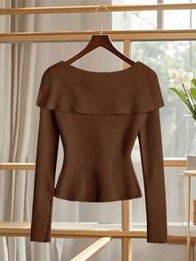 GlowEve Nuovo cardigan scollo a V da donna, stile europeo e americano, blocchi di colore, maglia elegante e minimalista - Marrone ruggine - Visualizzare 2
