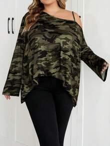 SHEIN CURVE+ 大码女式迷彩印花斜肩长袖宽松休闲T恤 - 彩色 - 查看 7