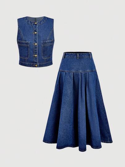 SHEIN MOD Women Solid Color Minimalist Sleeveless Top And Denim Skirt Set, Casual Everyday Wear