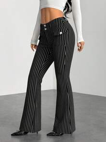 SHEIN PETITE 低腰修身条纹喇叭裤，带口袋，黑白配色 - 黑色 - 查看 7