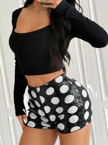 SHEIN EZwear Black Shorts Christmas New Year  Party Sequin Fashionable Casual Sequin Polka Dot Women Shorts Sequin Shorts Polka Dot Shorts Black And White Shorts - Black - View 4