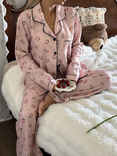 Bubble Crinkle Ditsy Bloemen Long Sleeve Pants Women Pajama Set view 4