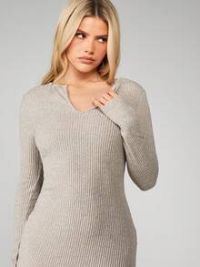 MISSGUIDED Women's Long Sleeve V Neck Ribbed Knit Maxi Sweater Dress - Apricot - View 3