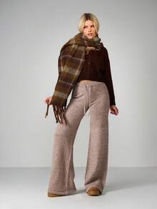 MISSGUIDED Quần ống rộng dệt kim ấm áp cho nữ mùa thu đông thường ngày quần palazzo cạp cao dây rút thoải mái - Màu Khaki - Xem 3