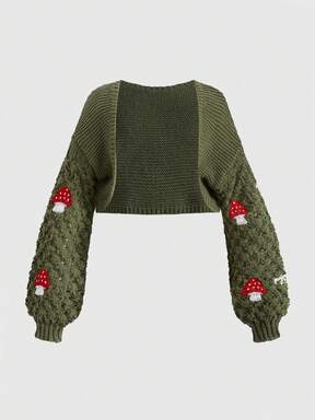 Plus Size Vintage Fairycore Mushroom & Floral Cropped Long Sleeve Knit Cardigan, Autumn/Winter