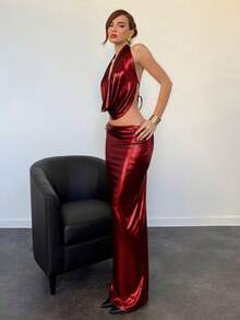 Aloruh 派对露背深V领性感吊带背心+低腰H字长裙套装 - 紅色 - 查看 5