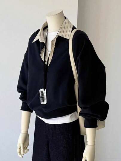 INAWLY Plus Size Women Casual Striped Collar Sweatshirt, Autumn/Winter