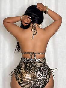 Slaydiva Plus Size Women Random Leopard Print Triangle Top And Tie Side Bottoms One Piece Swimsuit, Vacation Beach For Summer - Brown - View 2