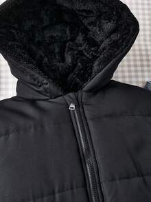 SHEIN 少女羽绒服，黑色长袖连帽，前拉链，罗纹袖口，保暖内衬，休闲百搭，适合秋冬季外出、购物、度假、通勤，可搭配上衣、连帽衫、牛仔裤、运动裤。