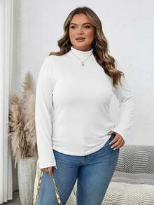 SHEIN CURVE+ Plus Solid Ribbed Slim Fit Mock Neck Knit Warmth Tee/Winter