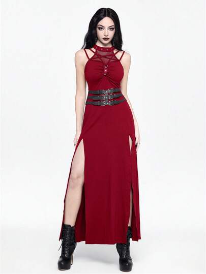 Goth Women's Fashion Punk Patchwork Fishnet Halter Bodycon Split Midi Dress