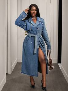 Slaydiva Women's Casual Denim Jacket With Raglan Sleeves, Single-Breasted, And Frayed Hem Design - Blue - View 5