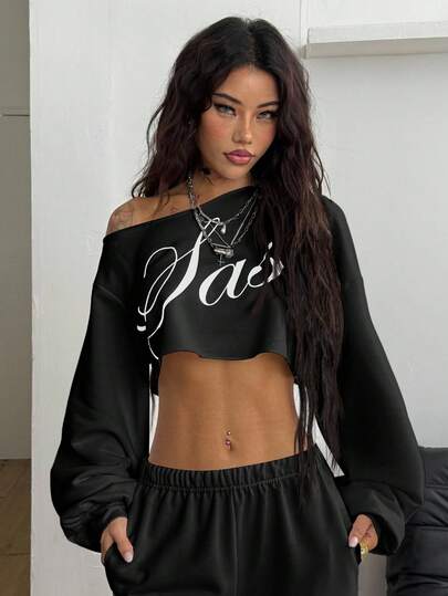 Coolane Camiseta de manga larga asimétrica de cuello con gráficos de festival de música, estilo casual de deportes de vaquera, streetwear de verano para mujer