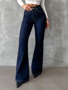 SHEIN Plus Hight Waist Snow Wash Flare Jean - Dark Wash - View 3
