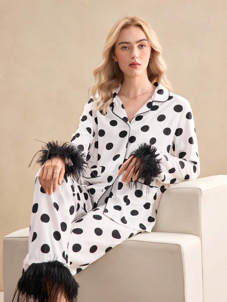 EverLounge Elegante conjunto de pijama de dama con lunares y flecos, suave y lujoso - Multicolor - Añade 4