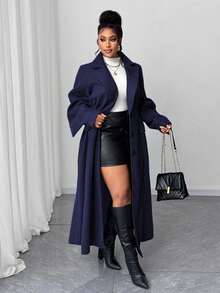 Maweii Áo gió dài cỡ lớn cho nữ, áo khoác len pha tay phồng tay bất đối xứng, áo khoác ngoài thời trang mùa đông cạp cao - Màu xanh hải quân - Xem 4