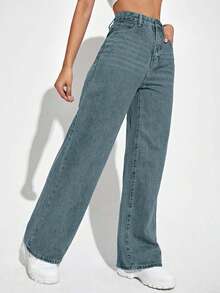 EURMUSE Quần jeans ống rộng cạp cao đơn giản, tối giản, màu trơn dành cho nữ - Rửa nhẹ - Xem 3