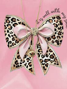 Resyla 加大码豹纹拼接蝴蝶结图案短袖T恤 - 粉色 - 查看 6