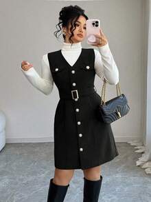 Elenzga 加大码V领无袖开衫灯芯绒保暖纽扣腰带修身纹理迷你裙连衣裙，优雅法式百搭工作装 - 黑色 - 查看 5