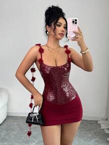 Almamuse Women's Elegant Party Sequin Patchwork Burgundy Dress - Burgundy - View 5