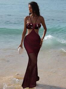 Opulessa 女士纯色针织串珠刺绣连衣裙 - 酒紅色 - 查看 5