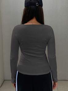 FRIFUL Damtopp med V-ringning och raglanärm, åtsittande och varm - Mörkgrå - Visa 4