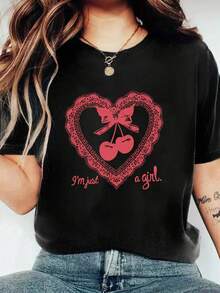 EMERY ROSE Heart & Bow Graphic Print Round Neck Short Sleeve Plus Size T-Shirt - Black - View 1