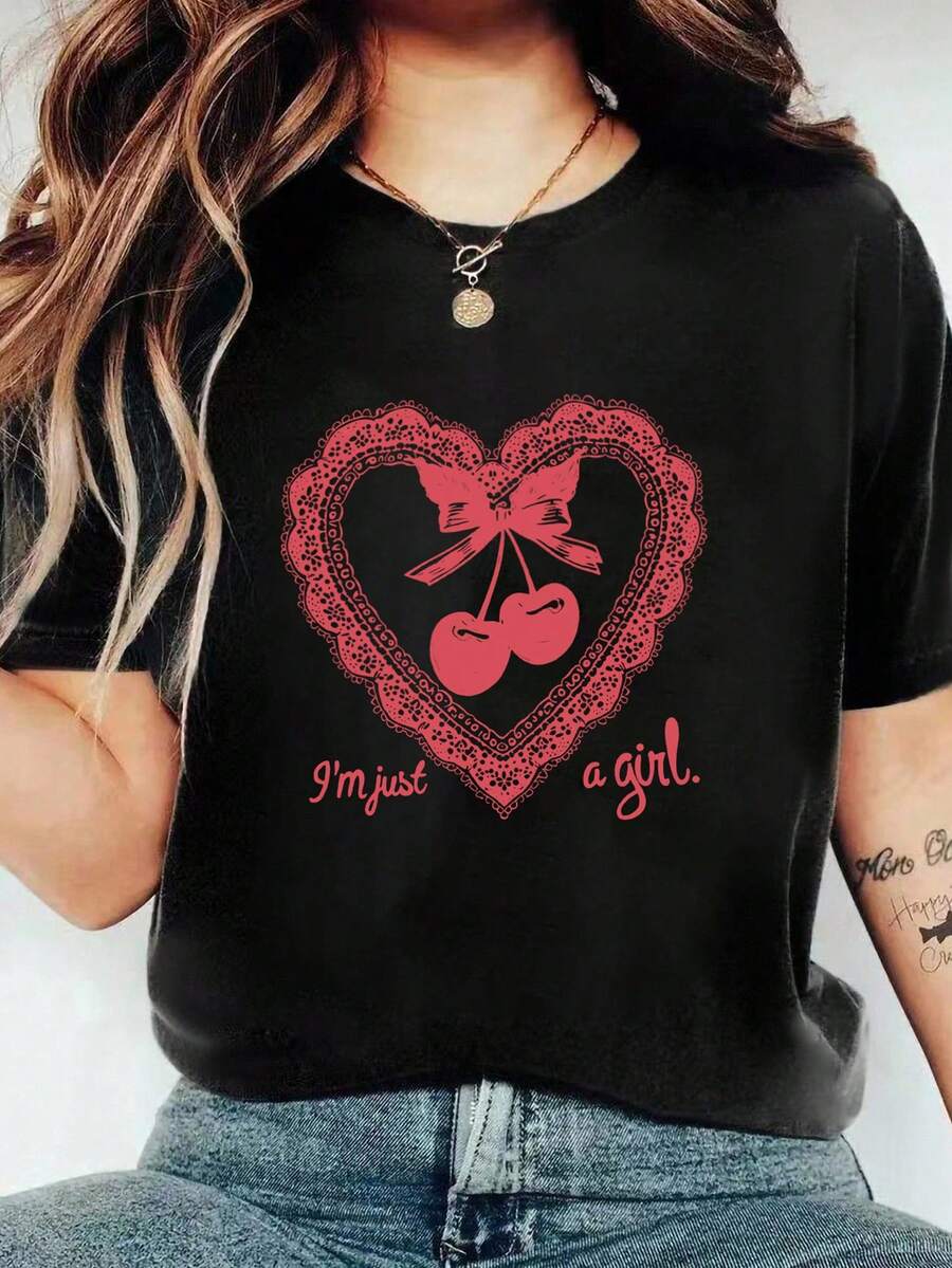 EMERY ROSE Heart & Bow Graphic Print Round Neck Short Sleeve Plus Size T-Shirt - Black - View 1