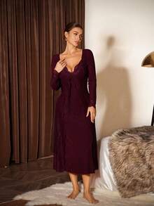 Slumberist 女士长袖针织蕾丝边睡裙，冬季款 - 酒紅色 - 查看 4