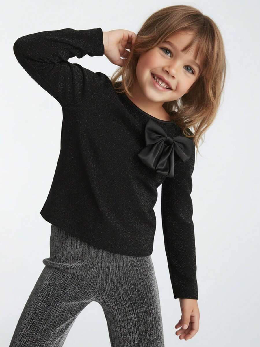 Maija Kids Áo thun dệt kim cổ tròn tay dài thanh lịch, trang trí nơ kim loại, thích hợp cho tiệc tùng & thường ngày, phong cách cổ điển, đa năng, phù hợp cho Giáng sinh - màu đen - Xem 1