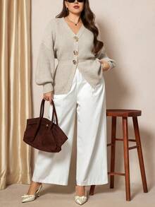 SHEIN LUNE كارديجان أنيق للنساء ذوات الحجم الكبير، كتف منسدل، خصر مشدود، أزرار معدنية، كنزة صوفية صوفية شتوية جديدة لعام جديد، ملابس شتوية دافئة وناعمة للنساء - لون مشمشي - مشاهدة 8